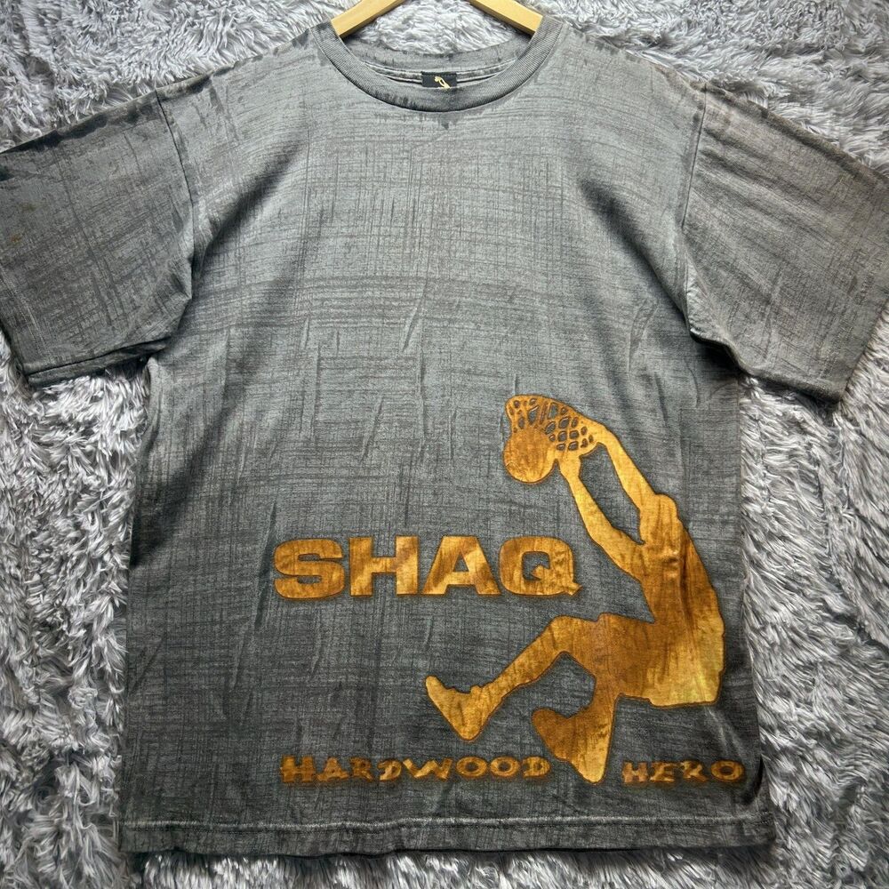 Vintage 90s Shaq Shirt Hardwood Mens Medium Gray Gold Graphic Basketball Dunk